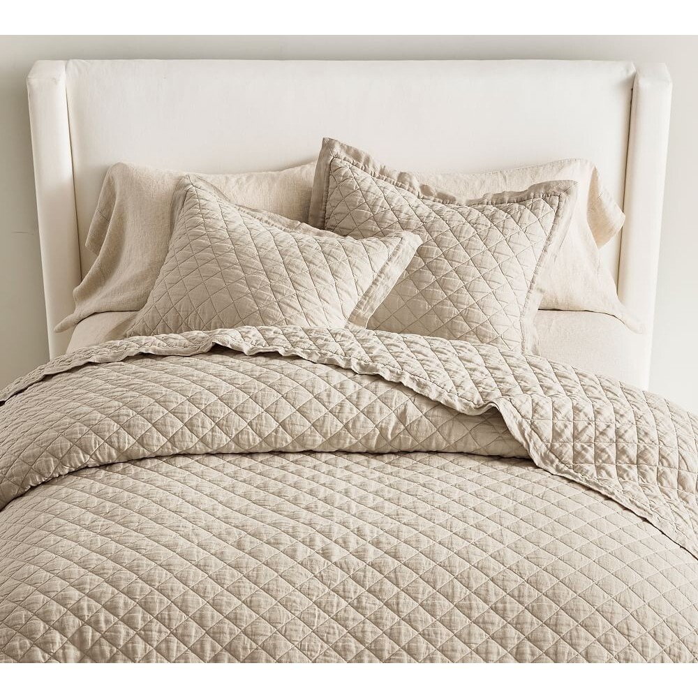 Pottery Barn Belgian Flax Linen Diamond Quilt Full/Queen Flax Washed Natural